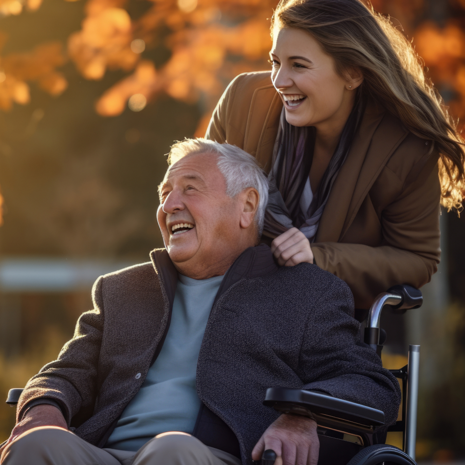 image of young woman pushing her grandfather's wheelchair while both smile